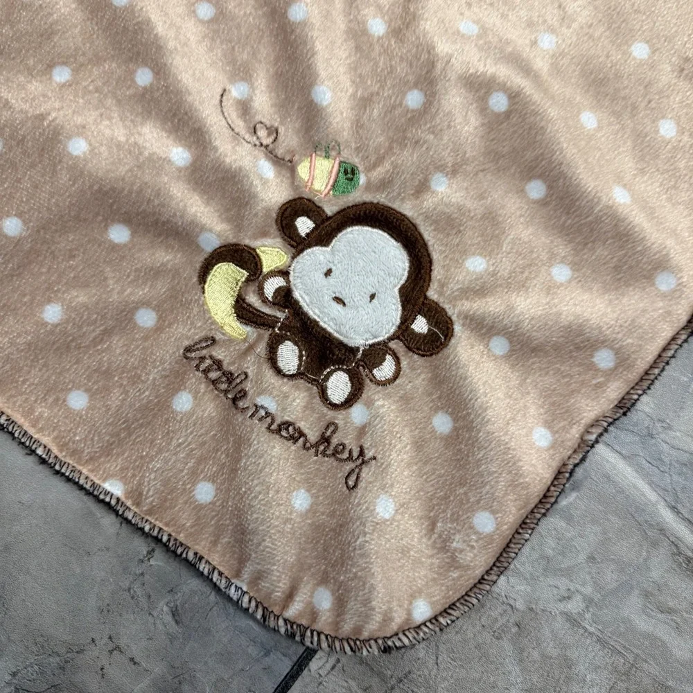 Little Monkey Polka Dot Baby Blanket Tan Brown Sherpa Fleece Reversible Plush